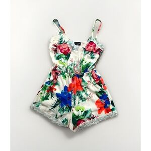 Bebe Romper Womens S Multicolor Floral Surplice Neck Lace Trim Spaghetti Straps